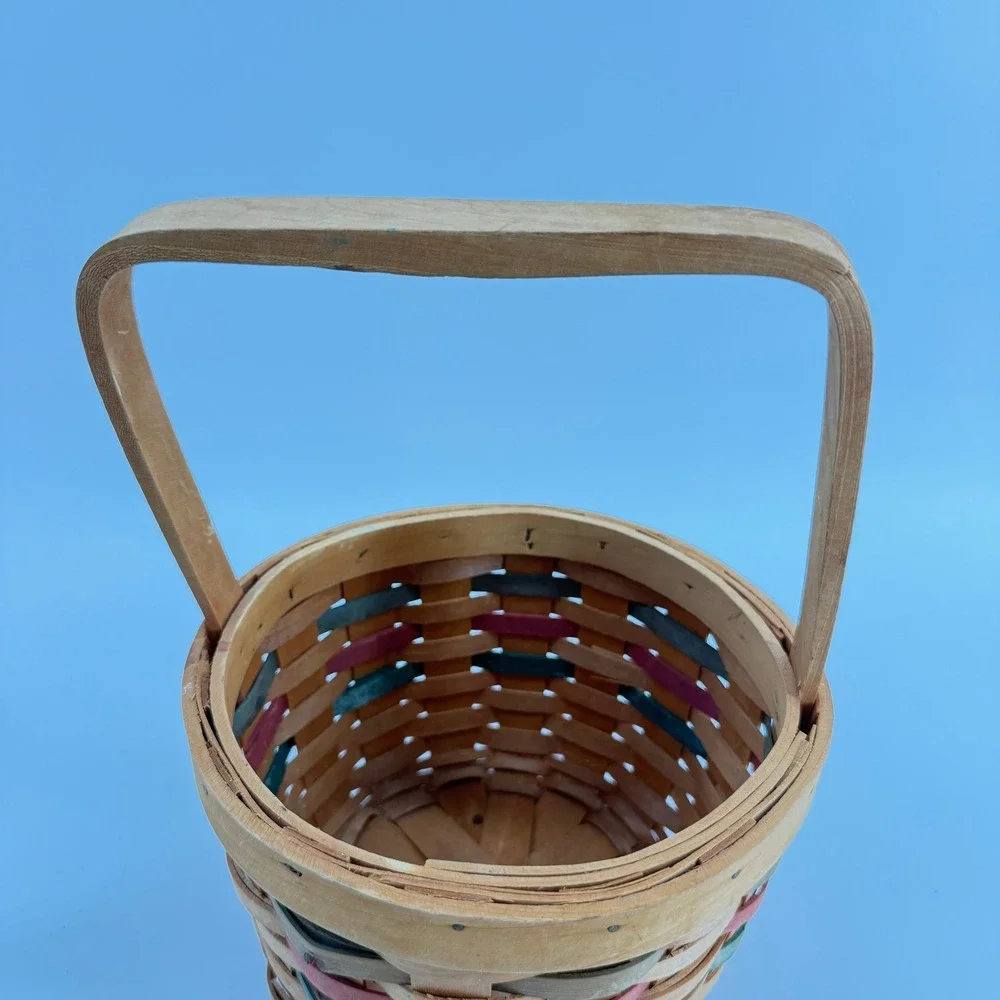 Vintage Woven Wood‎ Basket Small Tan Green Red Farmhouse Decor Handle Easter